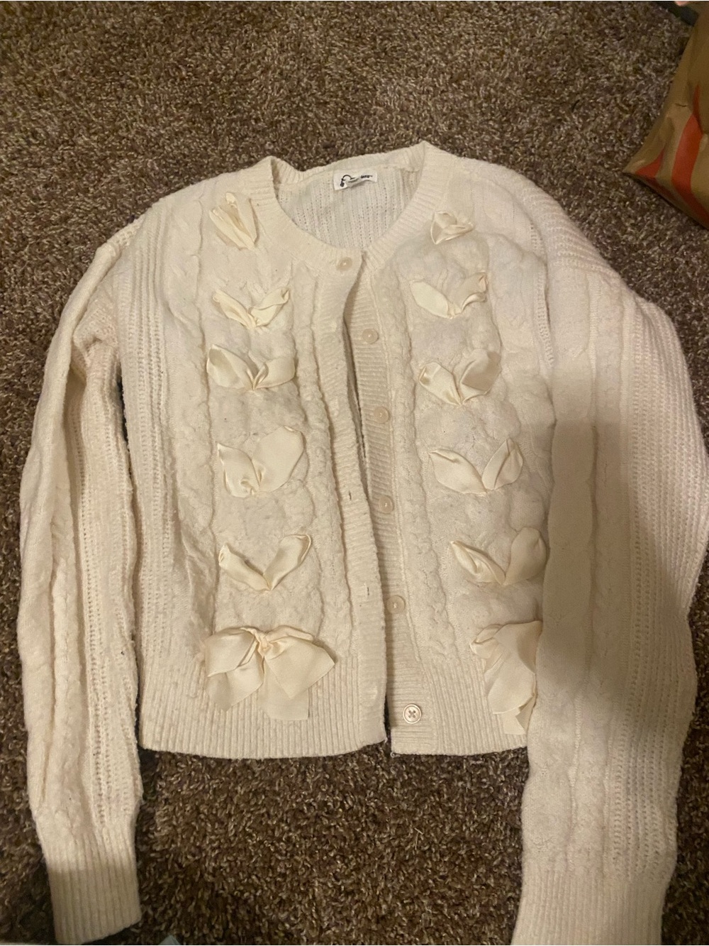 art class Cream Cable-Knit Cardigan with Bow Accents